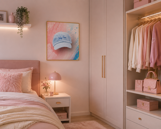 Blue hat between pink