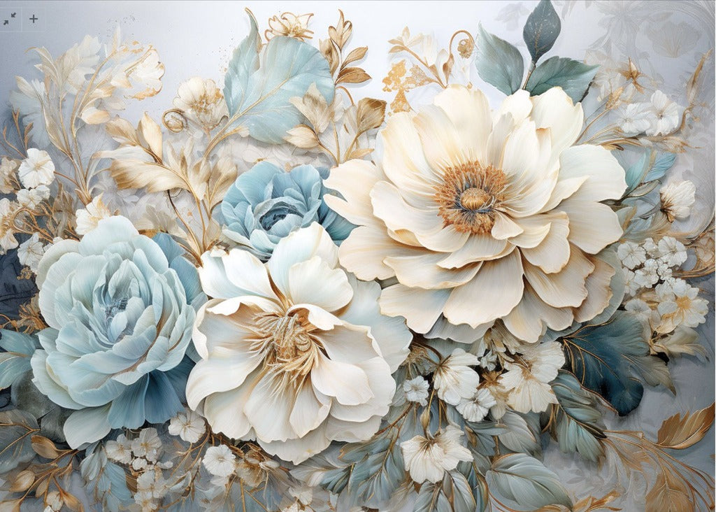 Tableaux décoratifs Maroc : Fleurs Sculpturales Bleu, Crème et Or