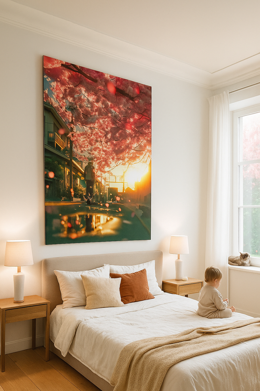 Chemin de fleurs de cerisier – Impression d'art de coucher de soleil animé