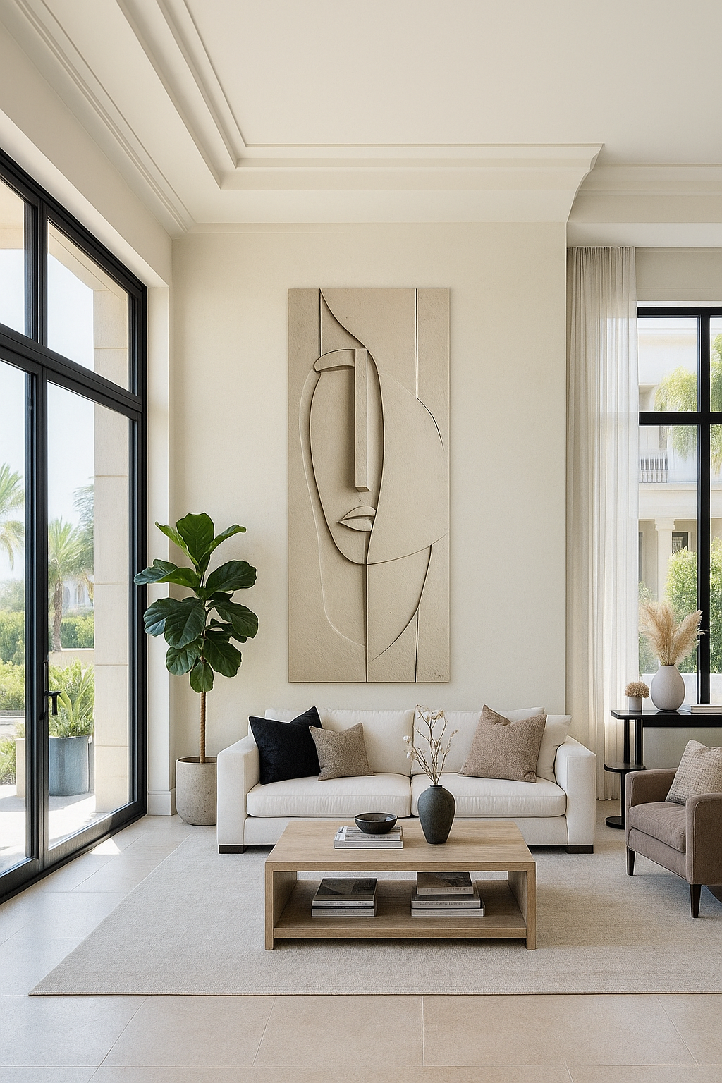 Visage abstrait : Impression sur bois minimaliste | Portrait sculptural aux tons neutres