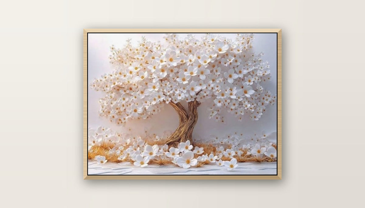 Tableau Décoratif Sculpted White Flower Tree — Art Mural Premium | Maroccinoo - cadre bois naturel