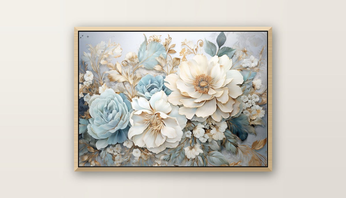 Tableaux décoratifs Maroc : Fleurs Sculpturales Bleu, Crème et Or - cadre bois naturel