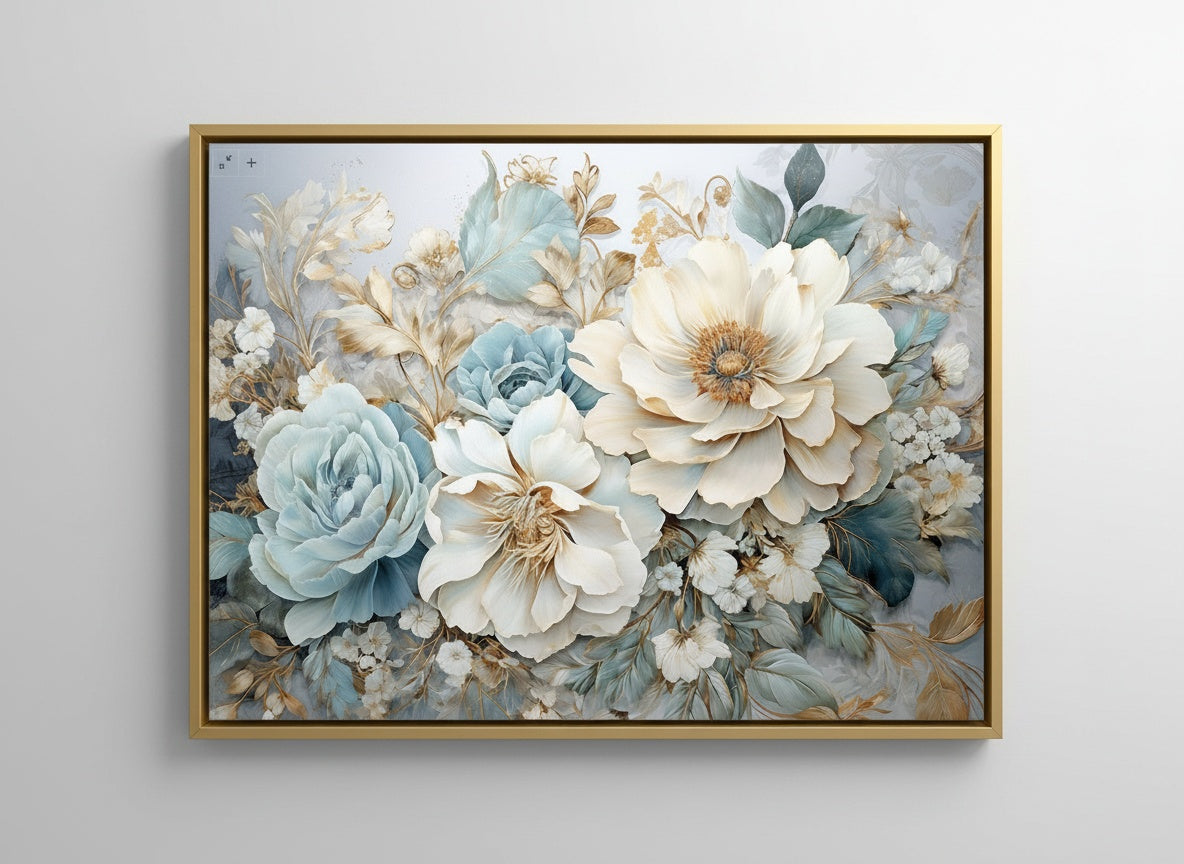 Tableaux décoratifs Maroc : Fleurs Sculpturales Bleu, Crème et Or