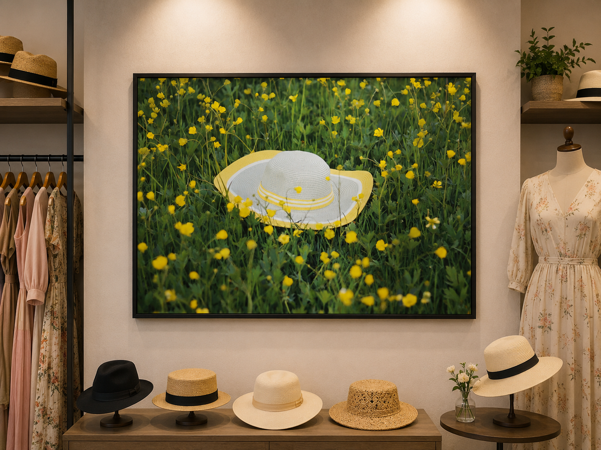 Tableau décoration maroc - Chapeau de paille et champ de fleurs