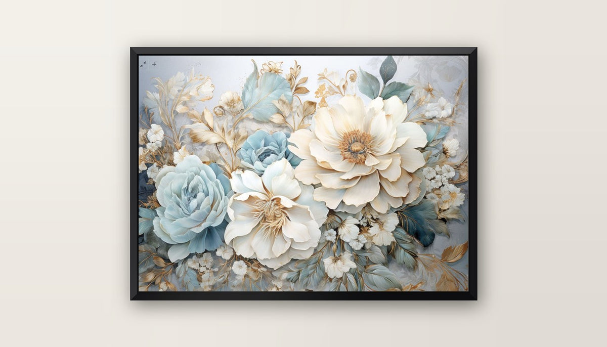 Tableaux décoratifs Maroc : Fleurs Sculpturales Bleu, Crème et Or - cadre noir