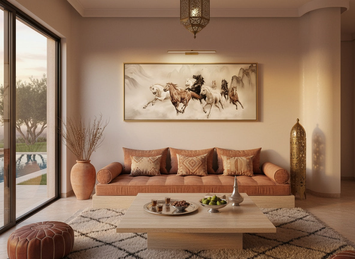 Tableaux Décoratifs Maroc de Luxe: Huit Chevaux au Galop dans la Brume