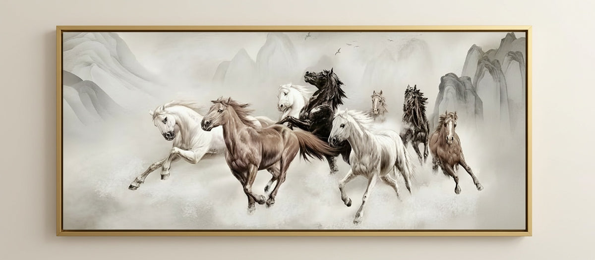 Tableaux Décoratifs Maroc de Luxe: Huit Chevaux au Galop dans la Brume