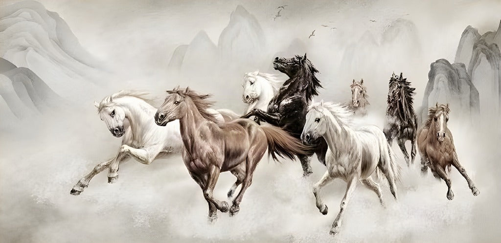 Tableaux Décoratifs Maroc de Luxe: Huit Chevaux au Galop dans la Brume