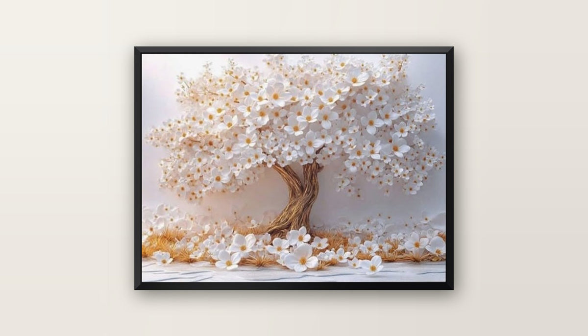 Tableau Décoratif Sculpted White Flower Tree — Art Mural Premium | Maroccinoo - cadre noir