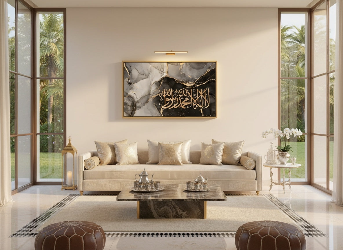 Tableaux décoratifs Maroc: Calligraphie Arabe Dorée Shahada Luxe