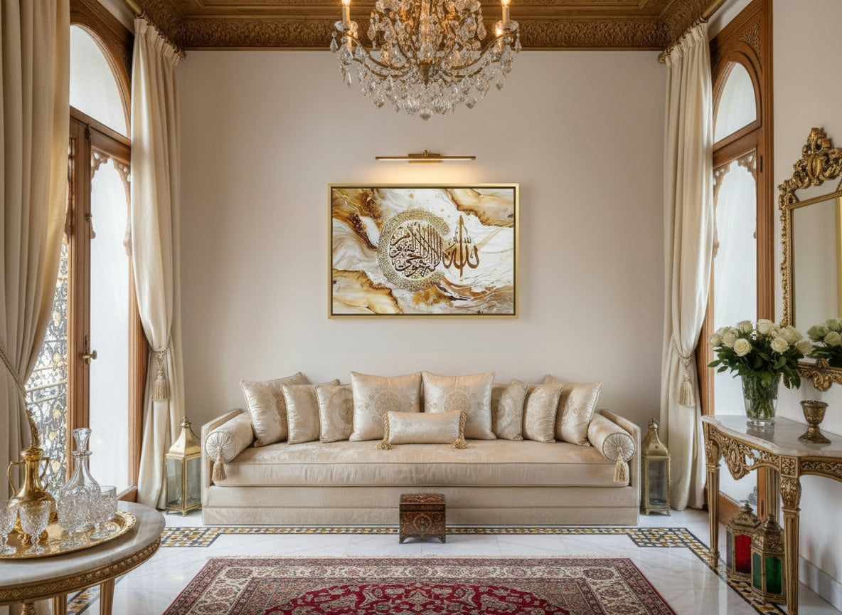 Tableau Décoratif Maroc : Calligraphie Arabe Abstraite Dorée Luxe