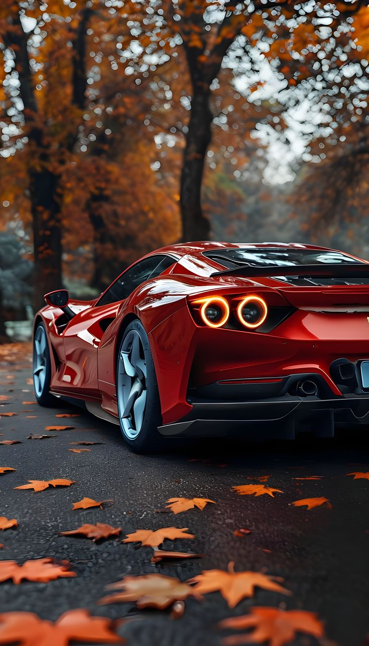 Élégance automnale : Impression d'art d'une voiture de sport rouge | Le luxe rencontre la nature