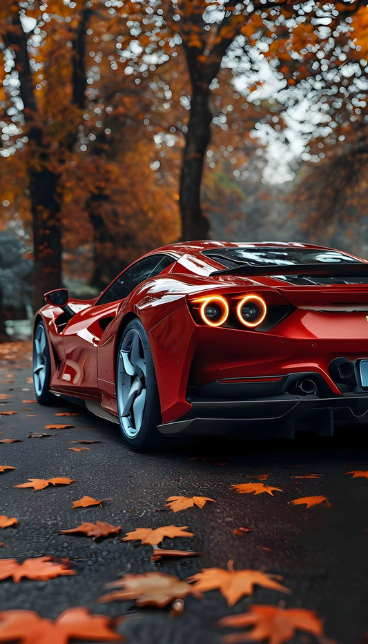 Élégance automnale : Impression d'art d'une voiture de sport rouge | Le luxe rencontre la nature