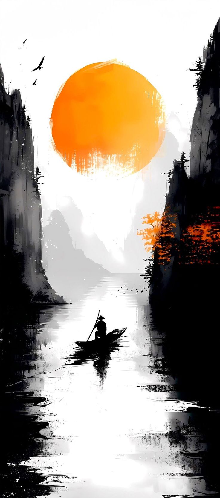 Tableaux décoratifs Maroc: Bateau au Coucher de Soleil Lavis d'Encre Maroccinoo