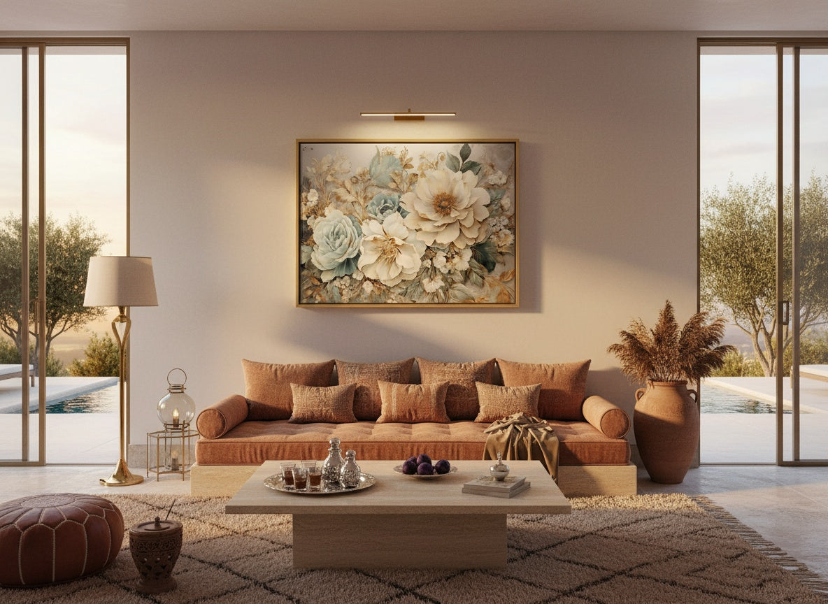 Tableaux décoratifs Maroc : Fleurs Sculpturales Bleu, Crème et Or