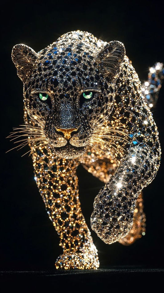 Panthère Diamant : Impression d'art en cristal de luxe | Jaguar noir scintillant en mouvement