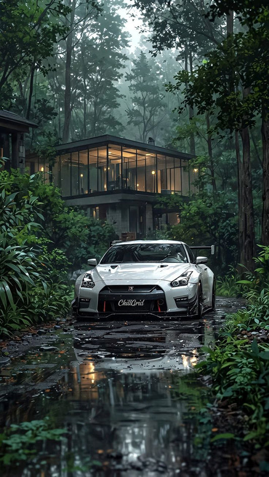 Sérénité en forêt : Nissan GT-R sous la pluie – Impression d'art moderne pour l'habitacle | La nature rencontre la performance