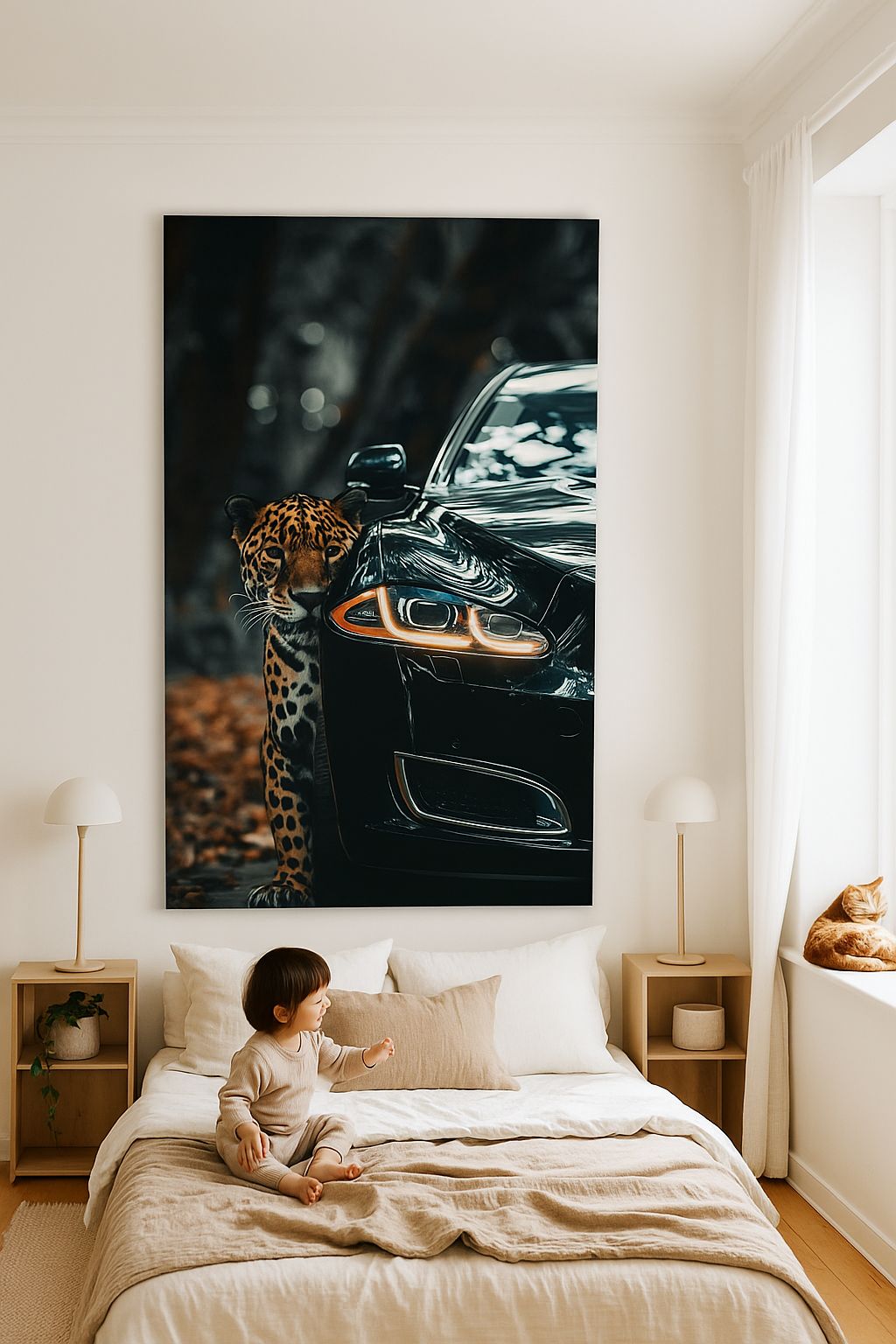 Élégance sauvage : Impression d'art représentant une Jaguar et une voiture de luxe | La nature rencontre le luxe
