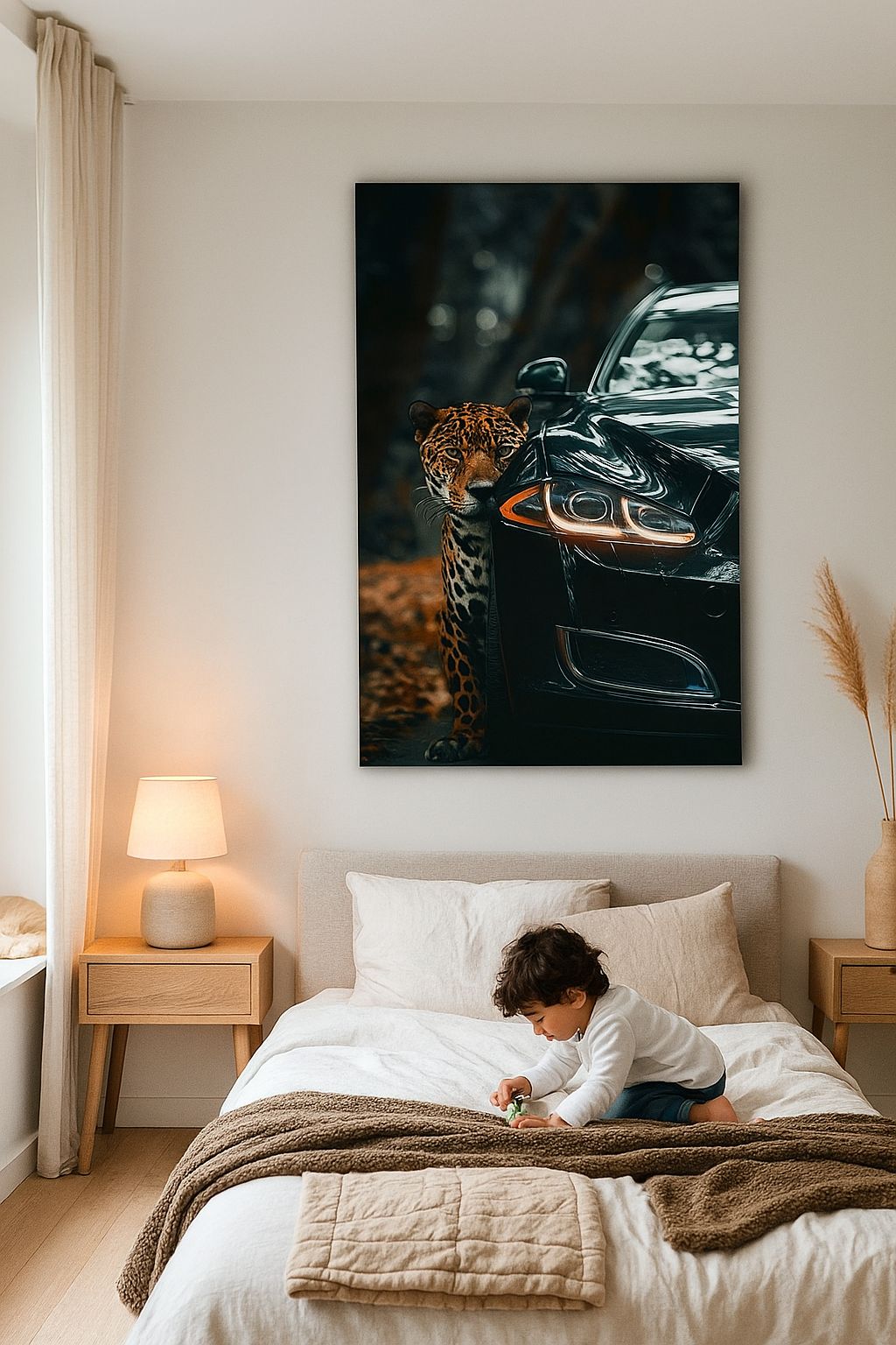 Élégance sauvage : Impression d'art représentant une Jaguar et une voiture de luxe | La nature rencontre le luxe