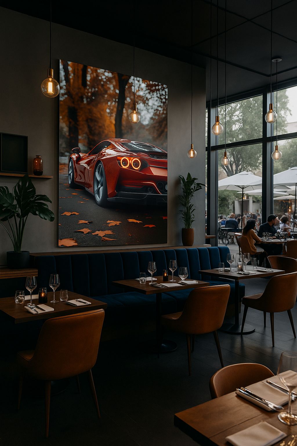 Élégance automnale : Impression d'art d'une voiture de sport rouge | Le luxe rencontre la nature
