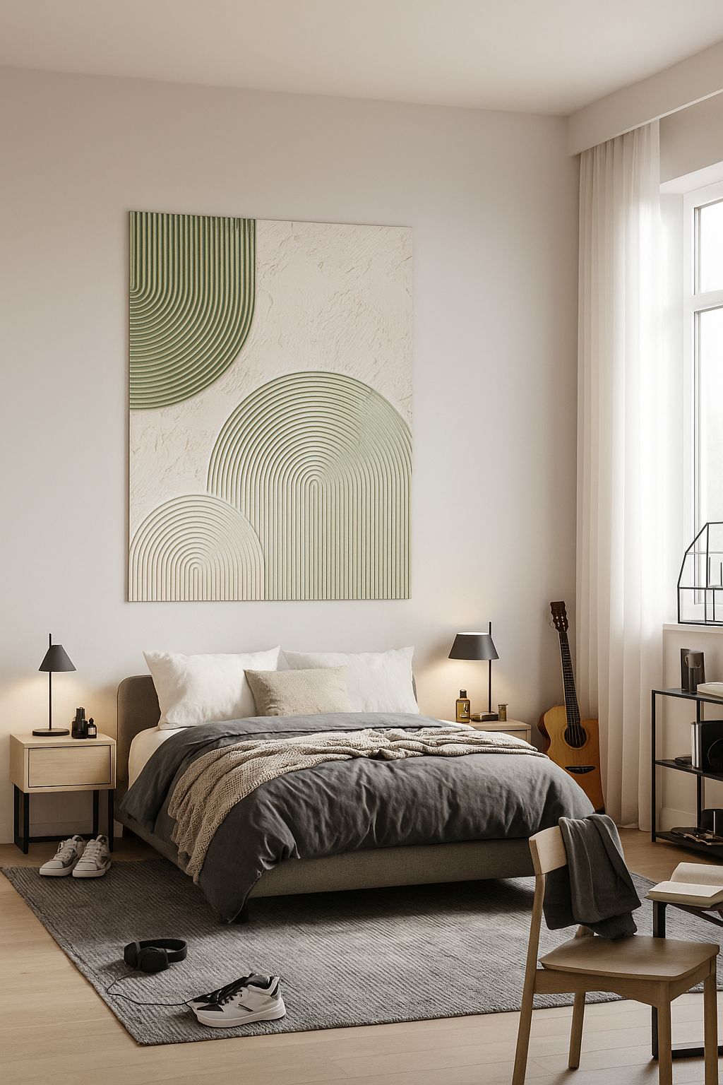 تناغم ترابي: طباعة فنية تجريدية باللونين الأخضر والكريمي | بساطة عضوية