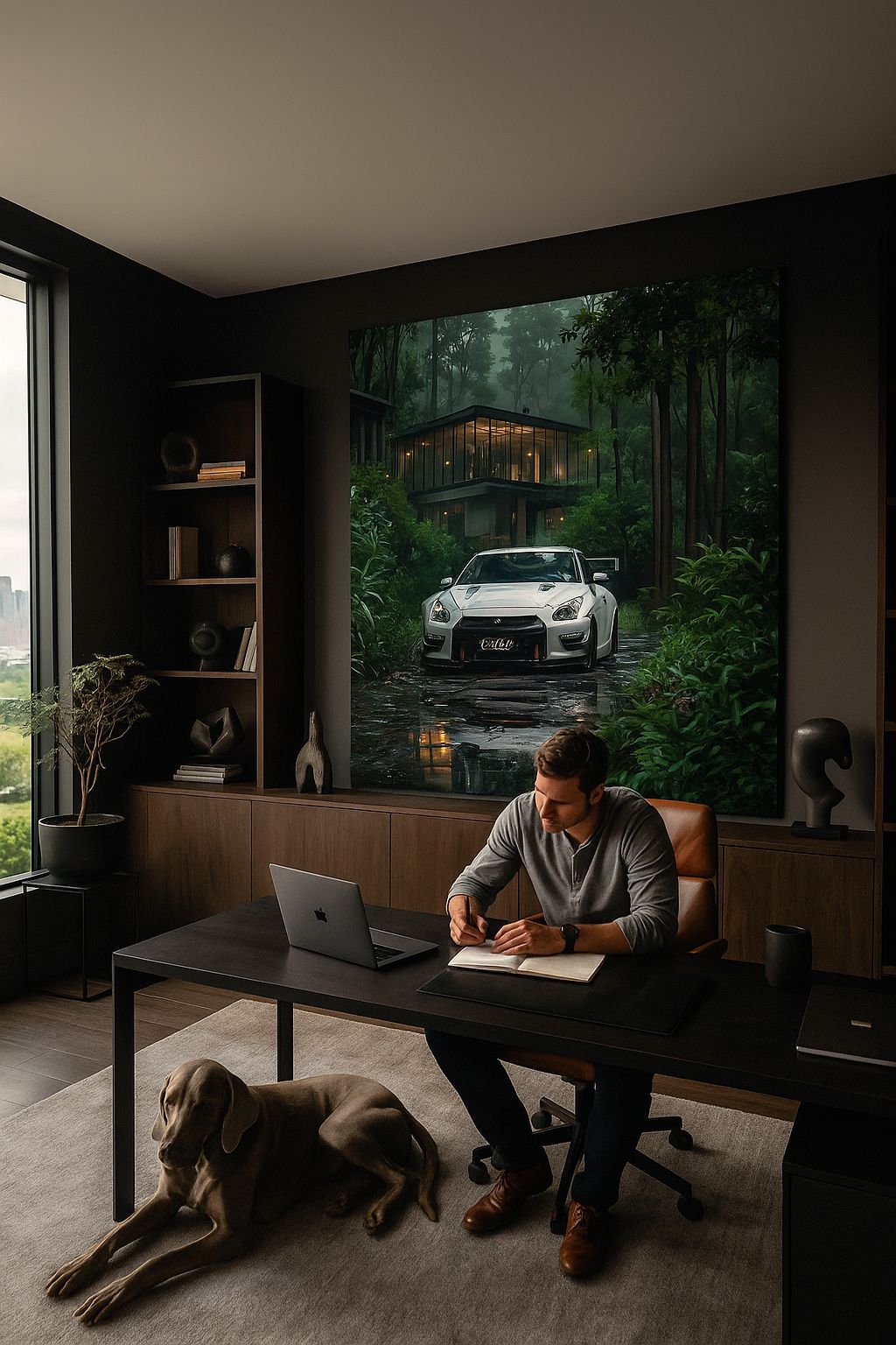 Sérénité en forêt : Nissan GT-R sous la pluie – Impression d'art moderne pour l'habitacle | La nature rencontre la performance