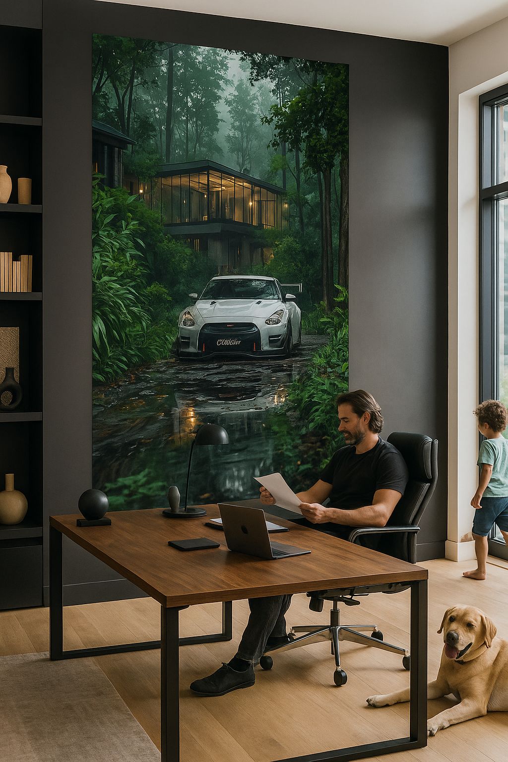 Sérénité en forêt : Nissan GT-R sous la pluie – Impression d'art moderne pour l'habitacle | La nature rencontre la performance