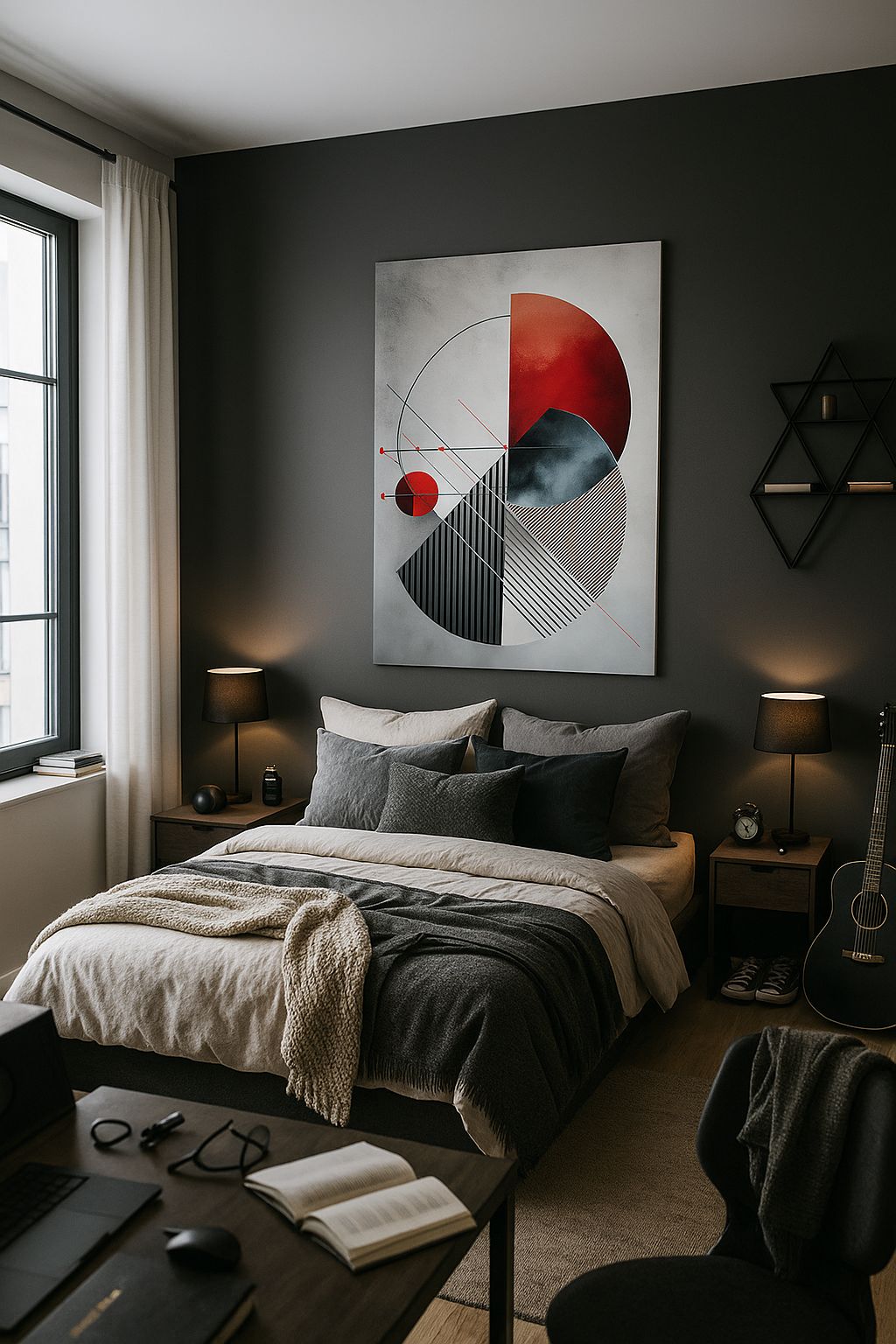 Art géométrique abstrait | Impression murale minimaliste rouge, noir et blanc