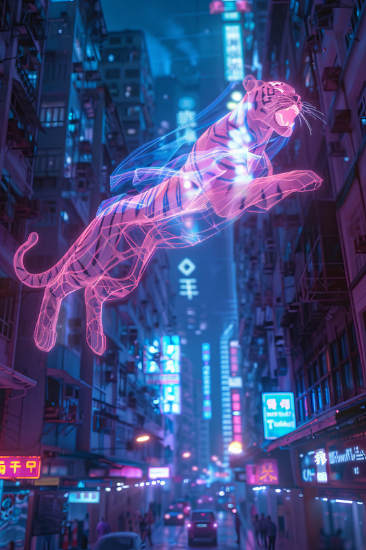 Jungle cyberpunk : Tigre néon en ville | Art urbain futuriste 
