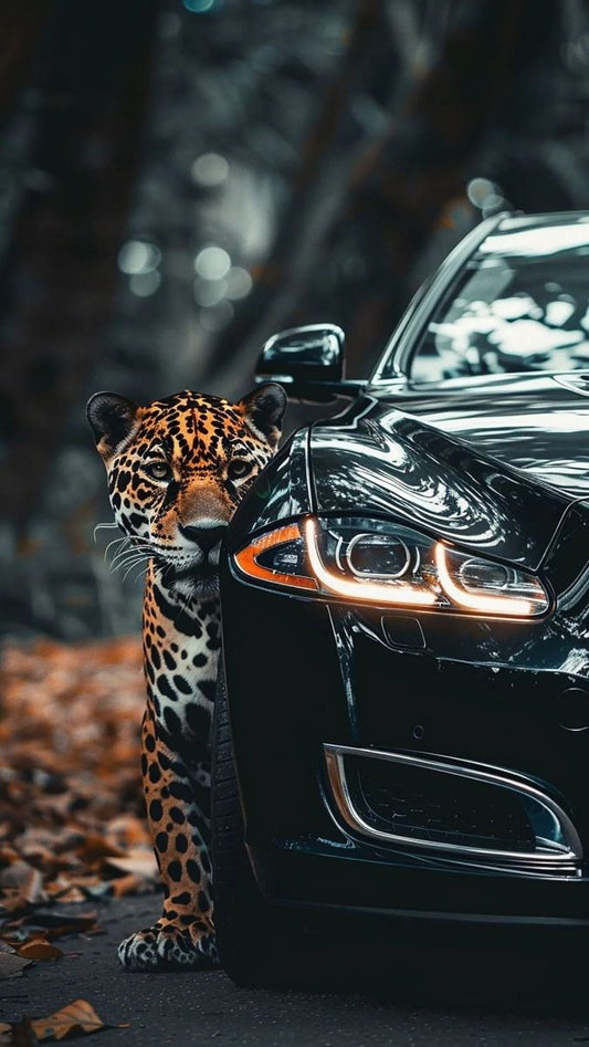 Élégance sauvage : Impression d'art représentant une Jaguar et une voiture de luxe | La nature rencontre le luxe